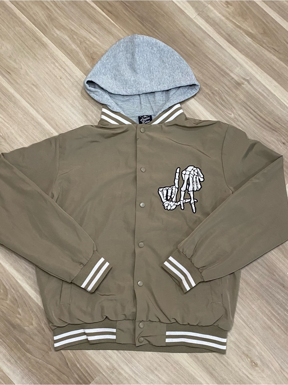 Original Deluxe Khaki Bomber Jacket with Grey Hood and Skeleton Patch